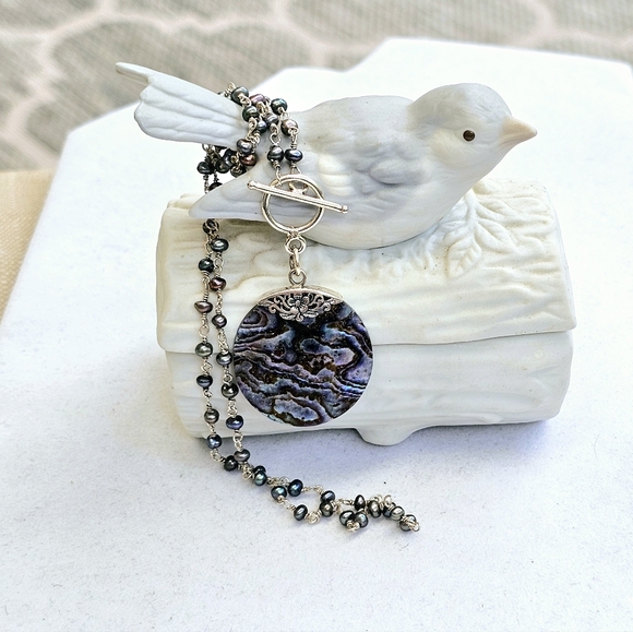 925 Silver Abalone and Pearl Station Necklace - Picture 10 of 15